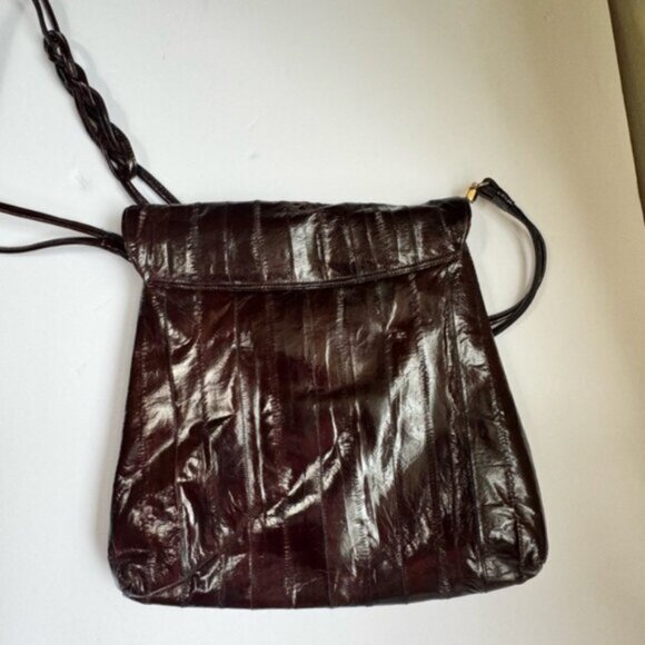 Vintage 80s Eel Skin Leather Snake Print Suede Shoulder Bag Brown Tote Button - Picture 5 of 16